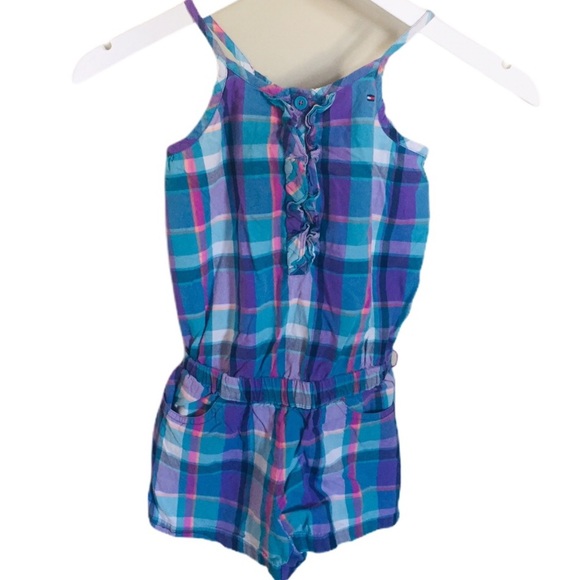 TOMMY HILFIGER Spaghetti Strap Plaid Short Romper With Pockets Purple Girl 6Y - Picture 1 of 10